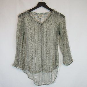 Lucky Brand Black Ivory Sheer V Neck Blouse Top